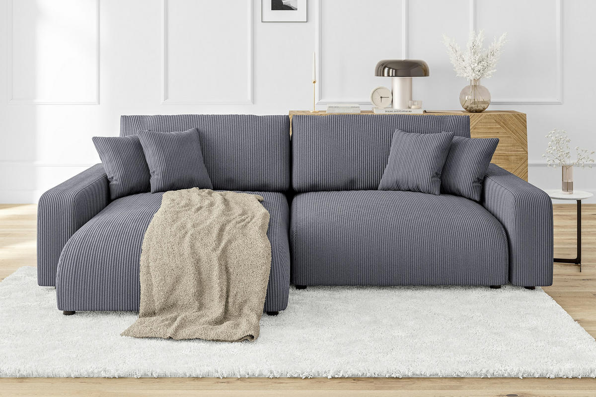 ECKSOFA Emma Grau Cord - Ottomane links - Grau, Textil (234/170cm) - S-Style Möbel