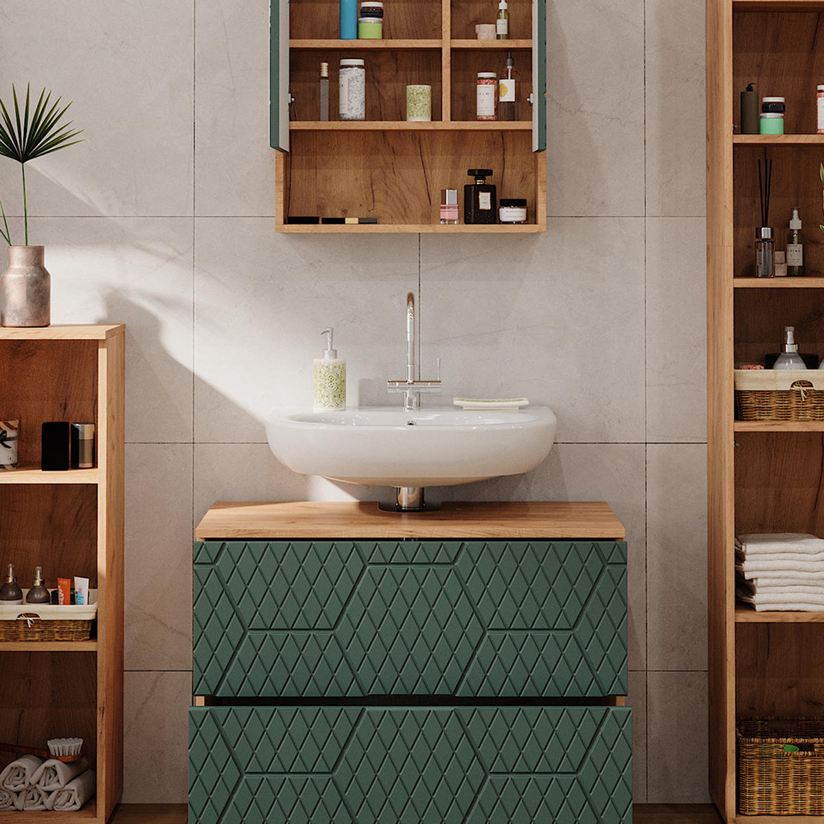 BADMÖBEL-SET Irma Grün 4 Teile, mit Schubladenschrank und Hochschrank - Honigeiche/Grün, Holzwerkstoff (80/58/41cm) - Vicco