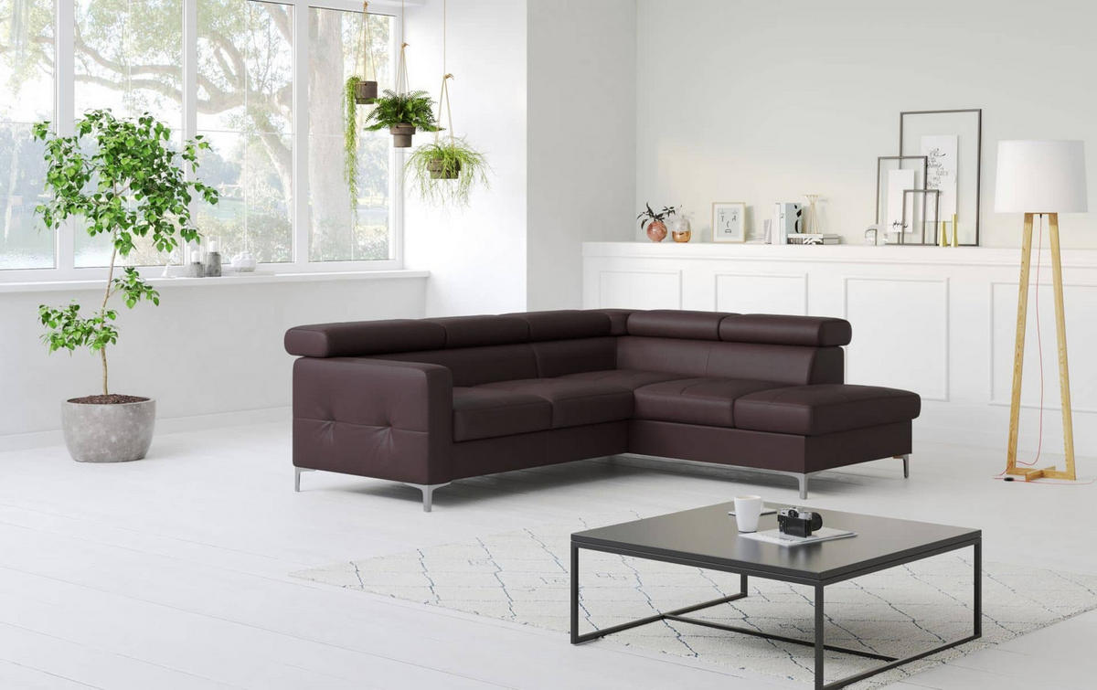 ECKSCHLAFSOFA aus Echtleder mit Schlaffunktion und Bettkasten - Chromfarben/Dunkelbraun, Leder/Holz (207/242cm) - Cotta