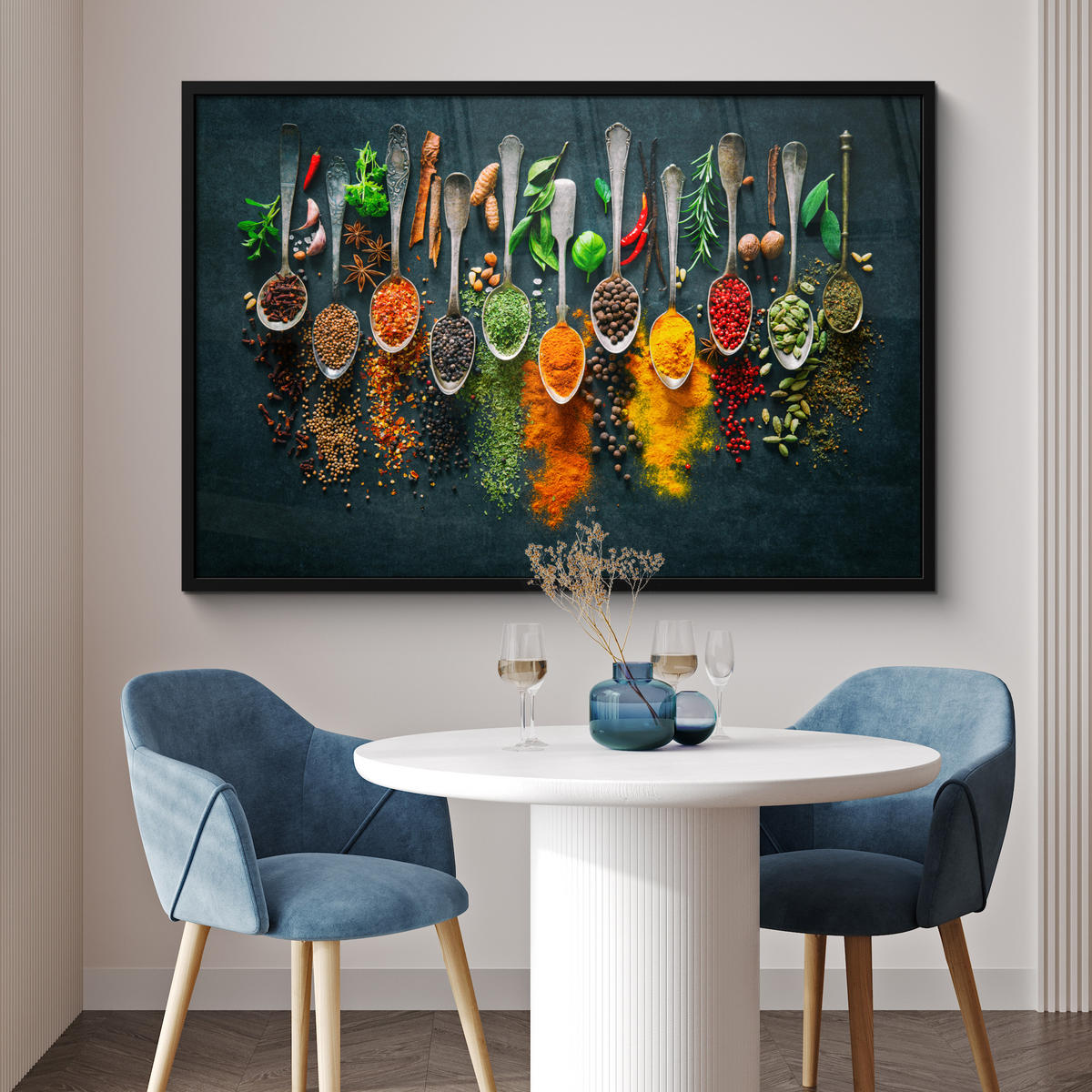 POSTER MIT RAHMENGERAHMTES BILD - Kräuter - Gewürze - Löffel - 120x80 cm - Currygelb, Papier (120/80cm) - MuchoWow