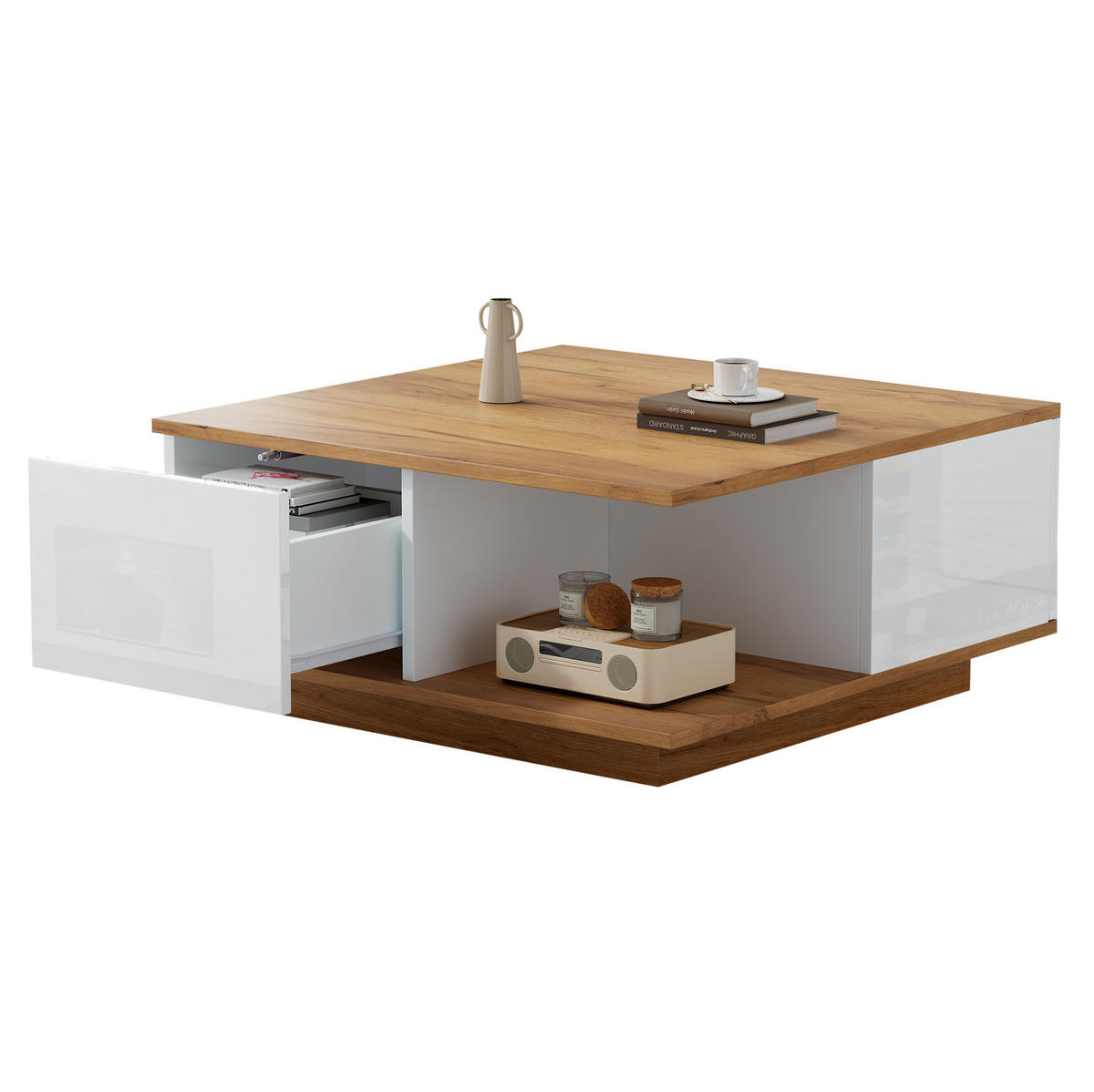 COUCHTISCH 70/70 cm mit 3 Schubladen und Ablagefach in Weiß/Walnuss - Walnussfarben, Holzwerkstoff (70/70/31.5cm) - BEAOK