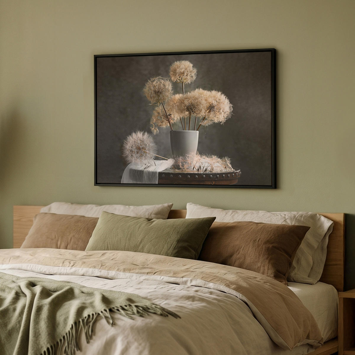 LEINWAND Bilder mit Rahmen - Blumensamen - Löwenzahn - Vase - Stilleben - Blumenstrauß - 80x60 - Dunkelgrau, Textil (80/60cm) - MuchoWow