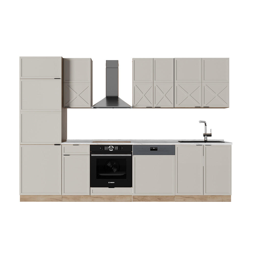 KÜCHENZEILE Fame-Line GrauBeige/Goldkraft Eiche 300 cm, AP Marmor - Honigeiche/Grau, Holzwerkstoff (300/81.6/60cm) - Vicco