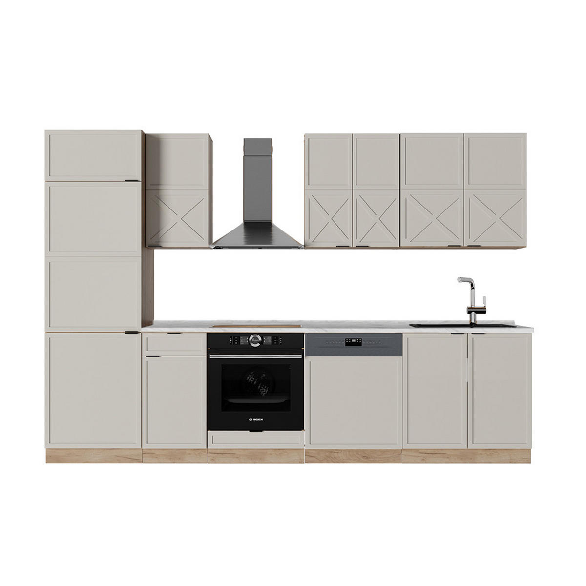 KÜCHENZEILE Fame-Line GrauBeige/Goldkraft Eiche 300 cm ohne AP - Honigeiche/Grau, Holzwerkstoff (300/81.6/46cm) - Vicco