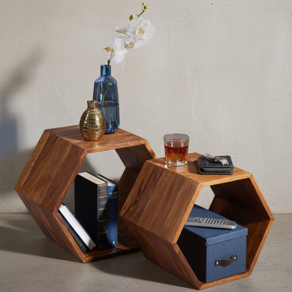BEISTELLTISCH Set – 2-teilig Massivholz Braun Wabenform handgefertigt - Braun, Holz (30/46/40cm) - KADIMA DESIGN