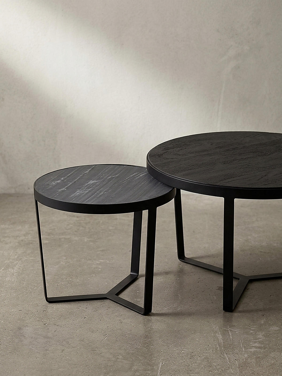 COUCHTISCH Set – 2-teilig Rund Akazie Massivholz Steinoptik Metall Schwarz Anthrazit - Schwarz, Holz/Metall (60/60/40cm) - KADIMA DESIGN