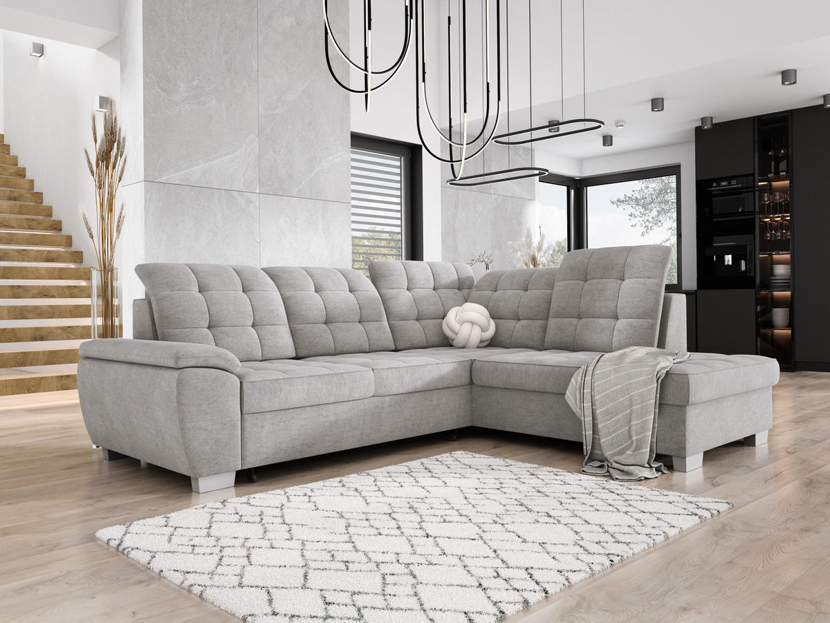 ECKSOFA LOTTA L-förmig Bettkasten verstellbare Kopfstützen hochwertige Verarbeitung lose Rückenkissen freistehend RECHTS 258x212x106cm Stainless steel - Edelstahlfarben, Holz/Textil (258/212cm) - DomoHome