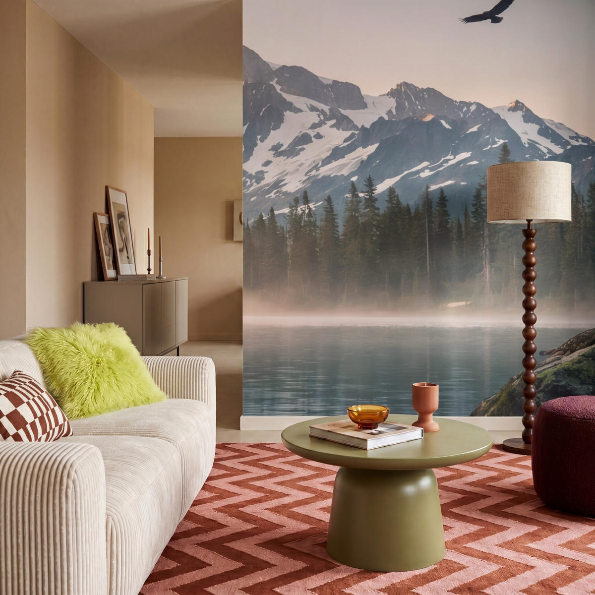 TAPETE - Berge - Wasser - Bäume - 160x200 cm - Multicolor, Papier (160/200cm) - OnlyWow