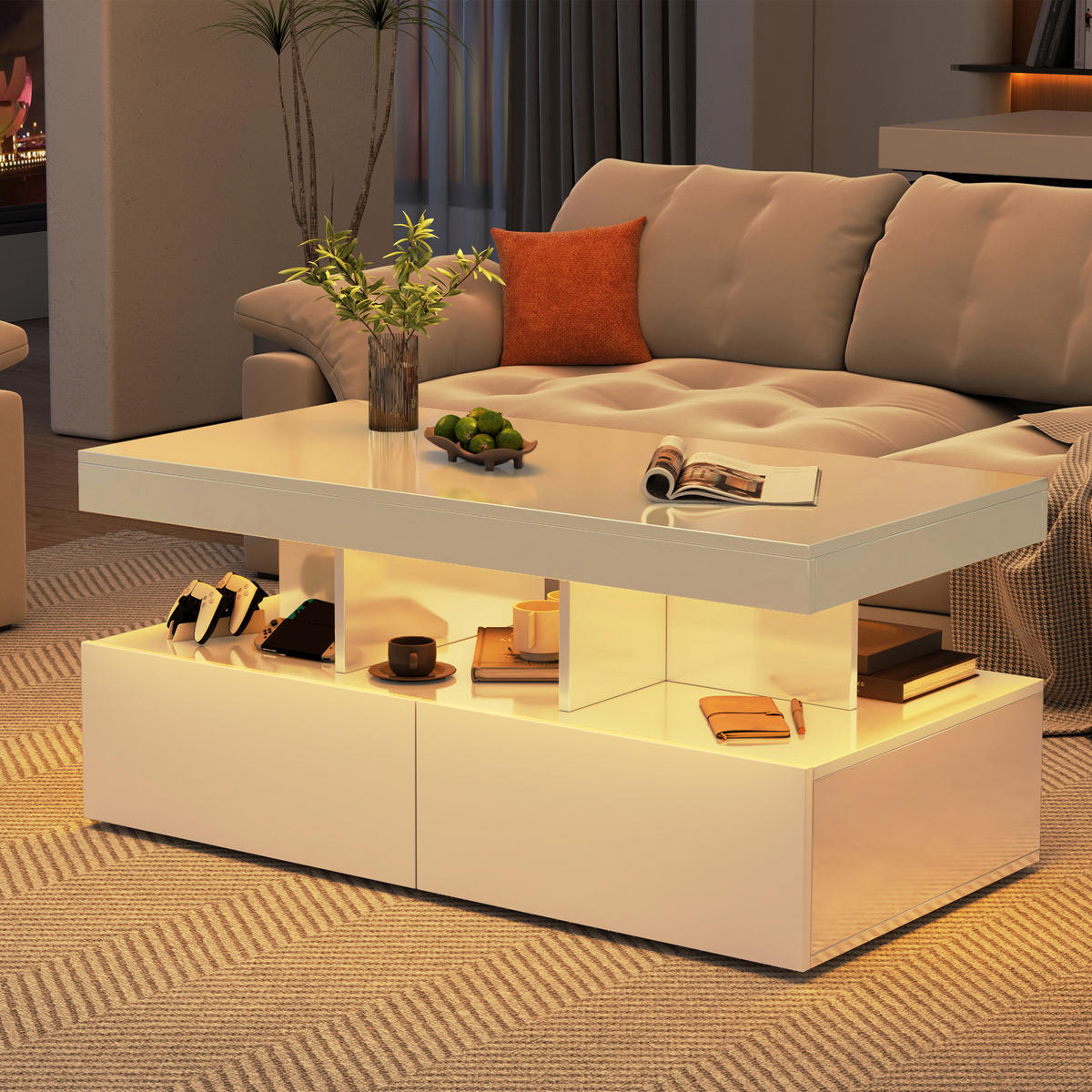COUCHTISCH Weiß mit LED, 2 Schubladen und offenem Fach - Weiß, Metall (104/53/46cm)