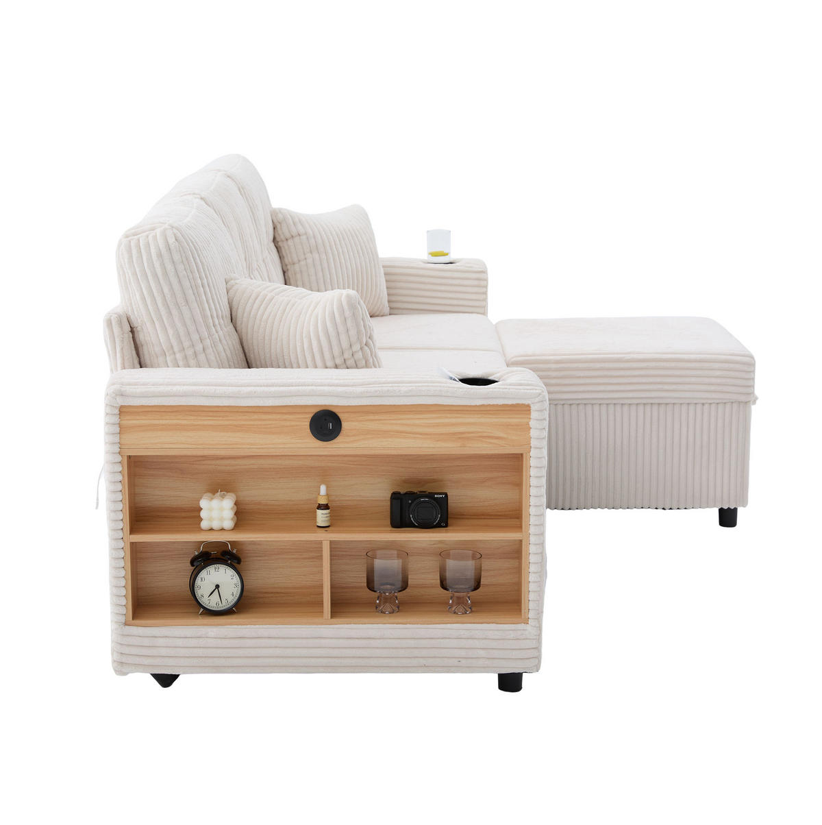 SCHLAFSOFA 196/82-144/85 cm mit Ausziehfunktion, Stauraum, USB-C, LED und Getränkehaltern, Beige - Beige, Textil (82/85/196cm) - Redom