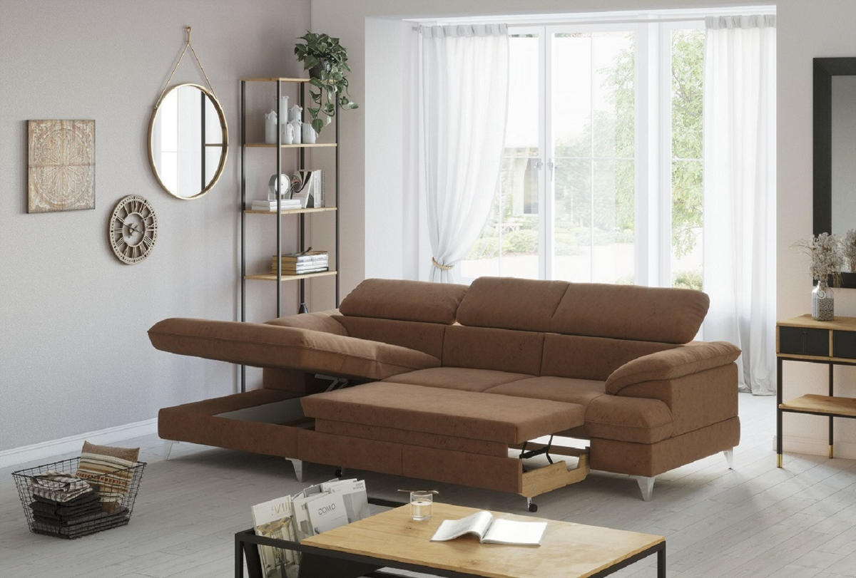 ECKSOFA mit Schlaffunktion und Bettkasten, verstellbare Kopfstützen - Chromfarben/Braun, Textil/Metall (254/167cm) - Cotta