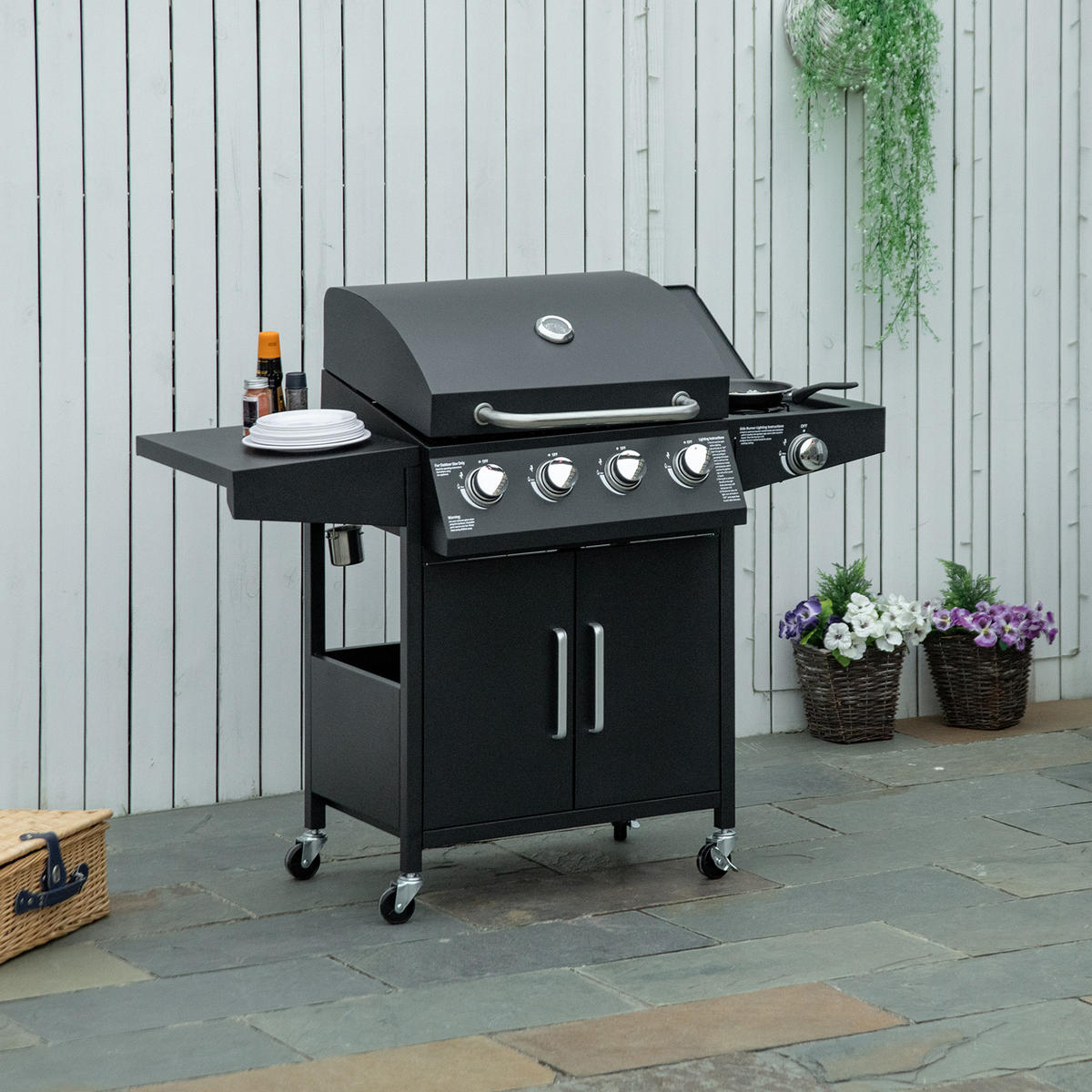 GASGRILL BBQ mit 3 Brennern je 3 kw mobiler Grillwagen mit 4 Rädern Metall Schwarz 132,4cm x 55cm x 109cm - Schwarz, Metall (55/109/132.4cm) - Outsunny