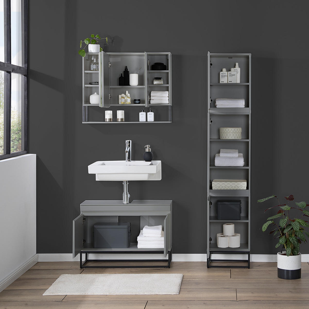 WASCHBECKENUNTERSCHRANK - Dunkelgrau/Schwarz, Holzwerkstoff/Metall (80/57/30cm) - home24