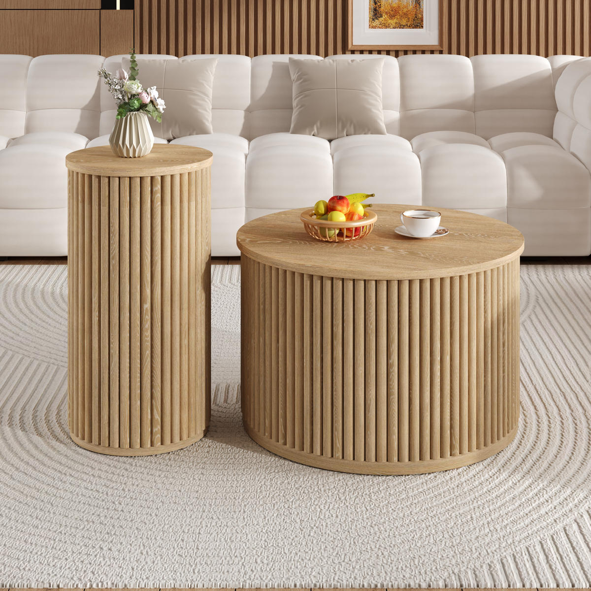 COUCHTISCH Set rund 60/38,5 cm Natur MDF mit 3D-Streifenmuster - Naturfarben, Holzwerkstoff (60/60/38.5cm) - OKWISH