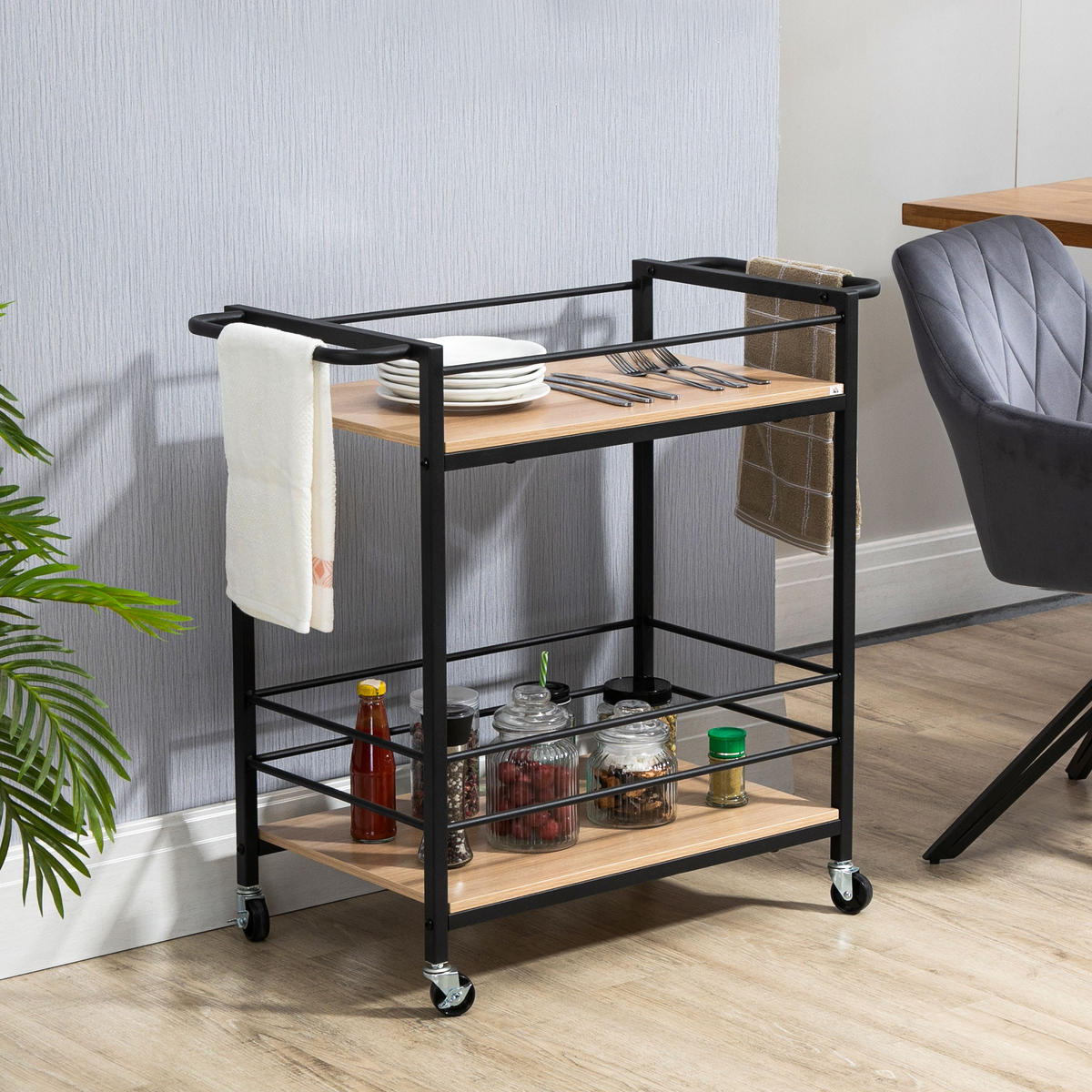 KÜCHENWAGEN, Spanplatte, Stahl, Naturholz - Naturfarben, Kunststoff (40/75/82cm) - HOMCOM