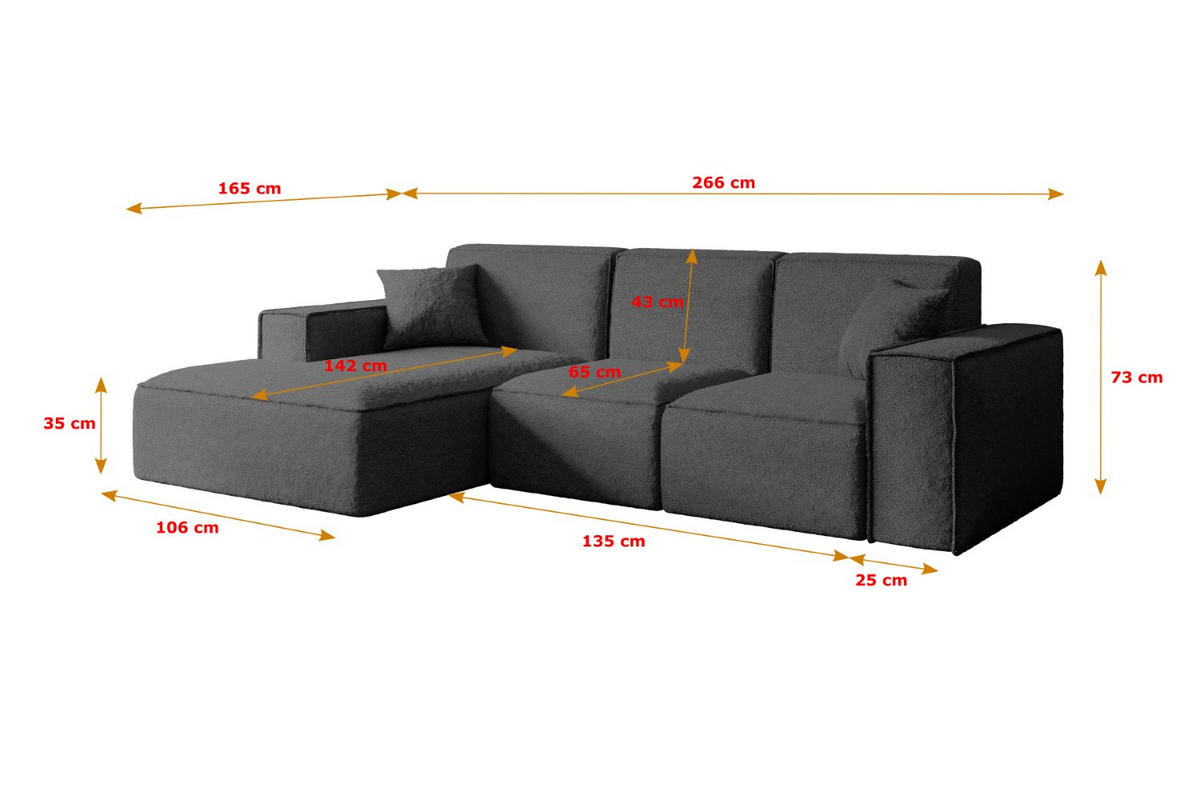 ECKSOFA Ottomane Rechts SERRA-L - 266x165x73 cm Grau Bouclé - Schwarz/Grau, Holzwerkstoff/Kunststoff (266/165cm) - ALTDECOR