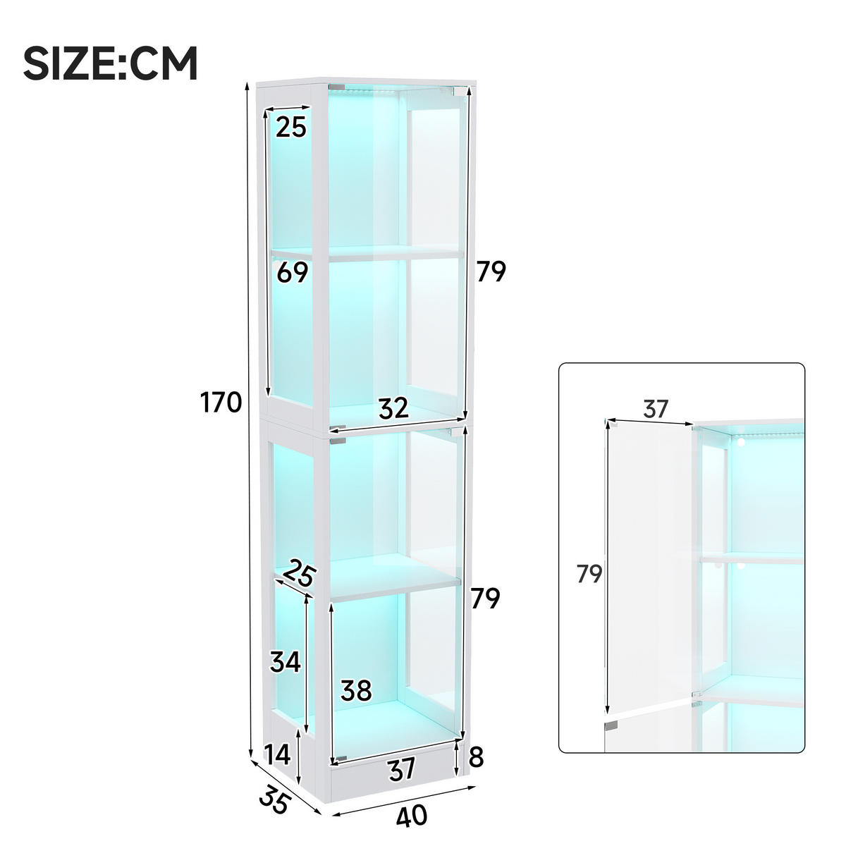VITRINE Vitrinenschrank mit vier Ebenen Stauraum aus MDF und gehärtetem Glas, platzsparend, modern, Einzeltür Design - Weiß, Glas/Holzwerkstoff (40/170/35cm) - EVRYAE