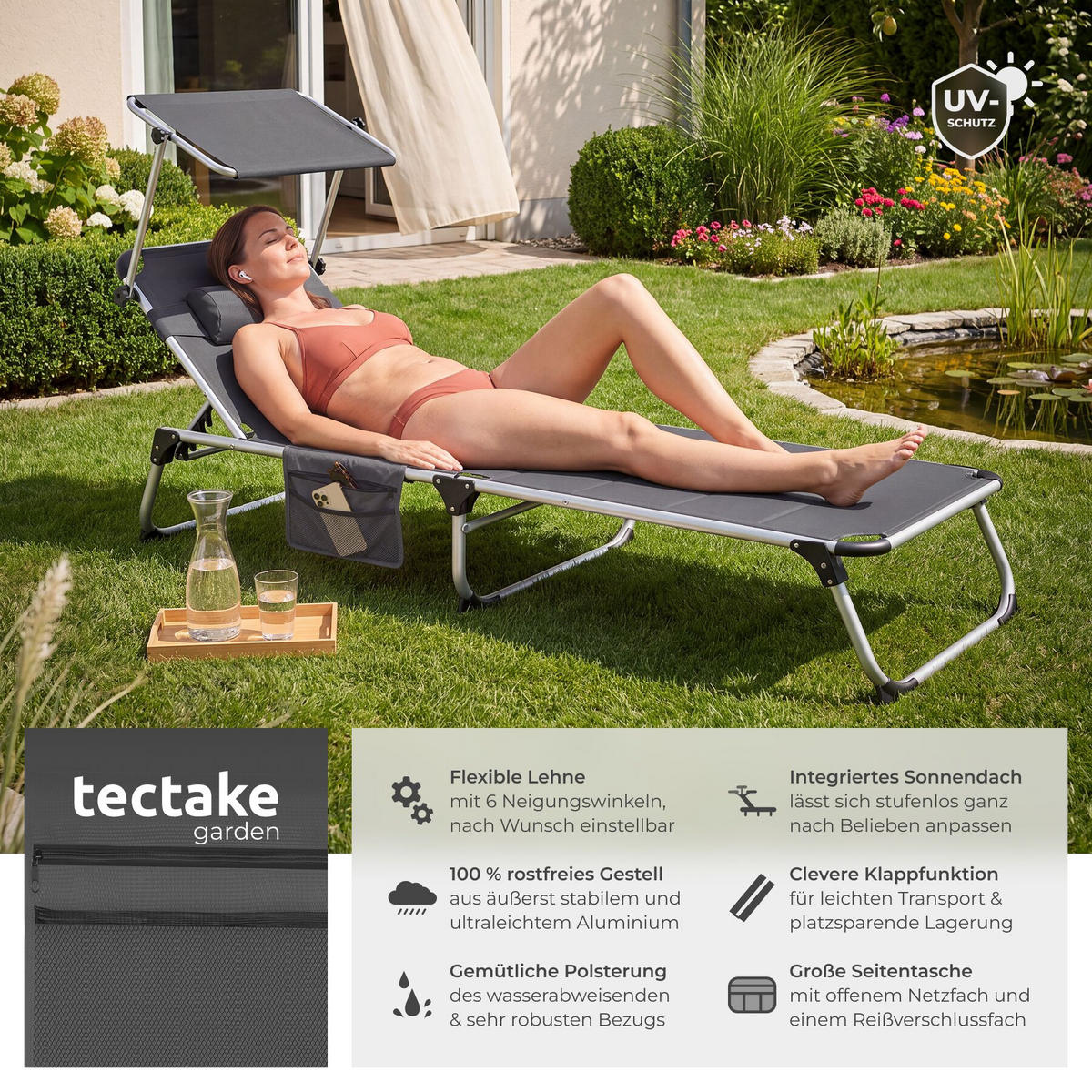 SONNENLIEGE aus Aluminium Lorella, 200 x 60,5 x 34 cm, mit Seitentasche, grau - Dunkelgrau, Kunststoff (60.5/115/200cm) - tectake