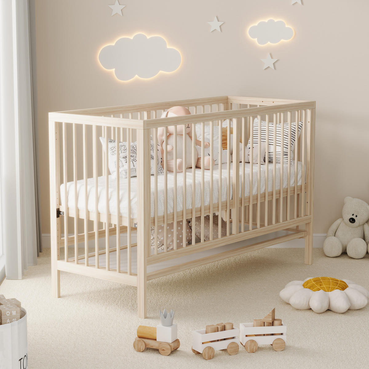BABYBETT 140x60x90cm Natur Fichte Höhenverstellbar umwandelbar - Naturfarben, Holz - FLIEKS