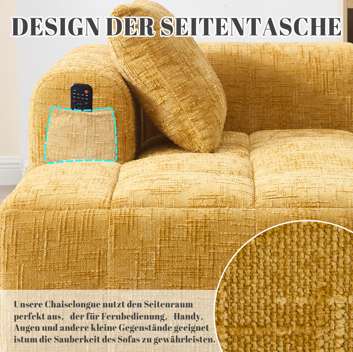 CHAISELONGUE Sofa Chenille mit Seitentaschen und Kissen 158/90/60 cm Gelb - Gelb, Textil (60/158/90cm) - Redom