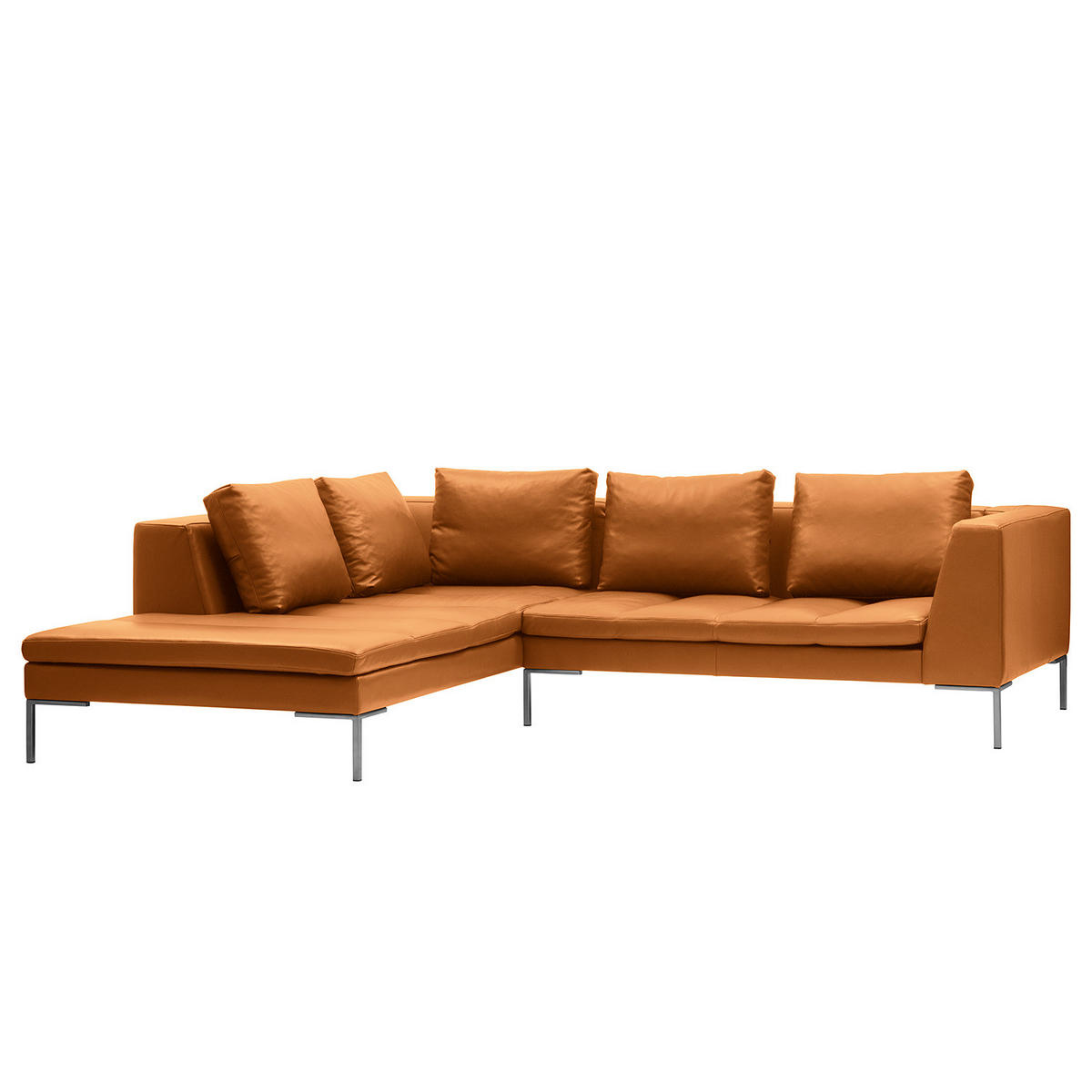 ECKSOFA mit Ottomane - Chromfarben/Cognac, Leder/Metall (255/230cm) - home24