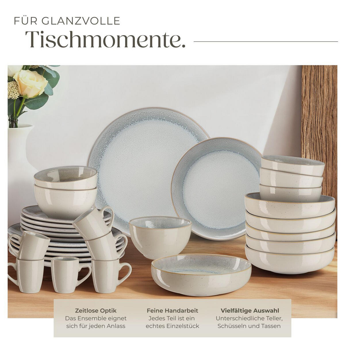 KOMBISERVICE Mare, ineinander stapelbar, Sand - Sandfarben, Keramik (26.5/2.5/26.5cm) - tectake