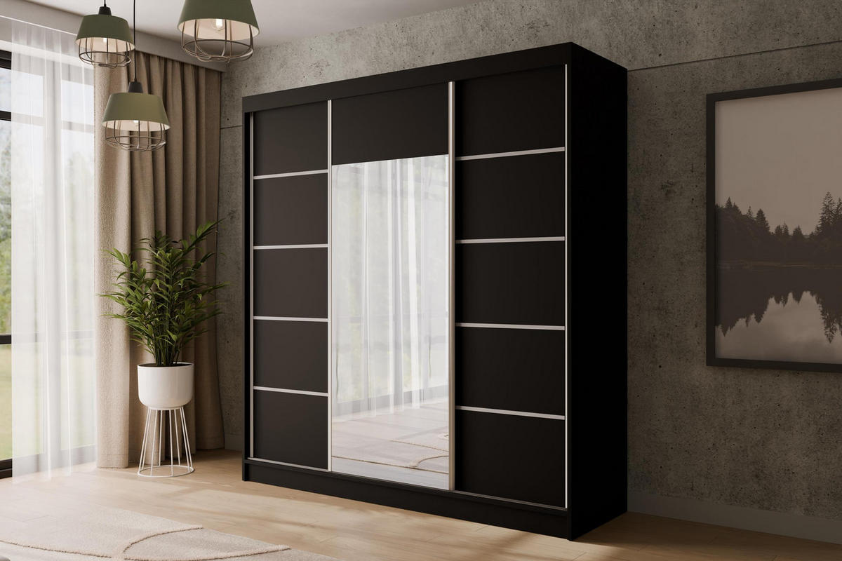 KLEIDERSCHRANK mit Spiegel V2-LINEA 215x200 cm Schwarz - Schwarz, Holzwerkstoff (200/215/61cm) - ALTDECOR