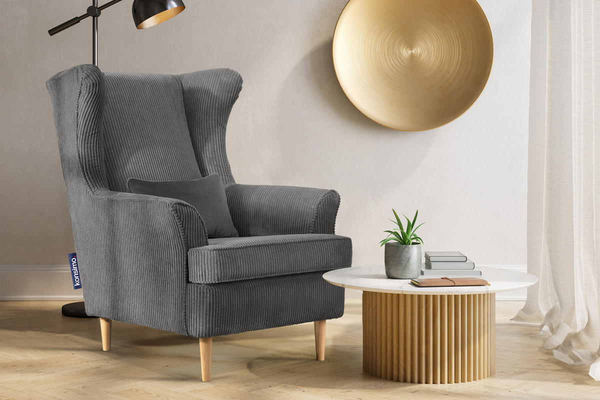 OHRENSESSEL STRALIS inklusive dekorativem Kissen, silber - Silberfarben/Braun, Textil (82/108/80cm) - KONSIMO®