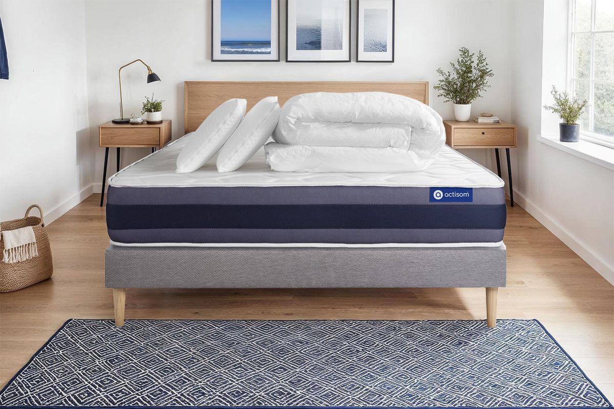 BETT Actiflex morpho Taschenfederkern und Memory-Schaum 160 x 200 cm h1 - Kit Bettgestell Grau - Mit Kissen und Bettdecke - Beige/Grau, Karton/Holz (160/200cm) - ACTISOM