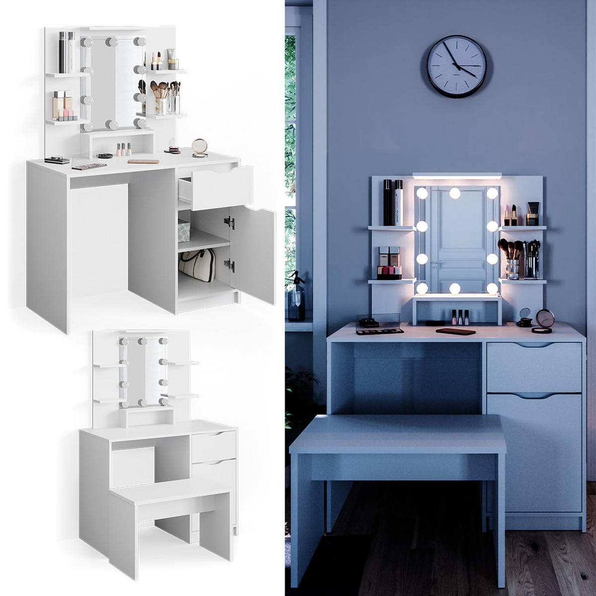 SCHMINKTISCH Ruben Little Weiß 100 cm mit LED Beleuchtung und Bank - Weiß, Holzwerkstoff (100/142/42cm) - Vicco