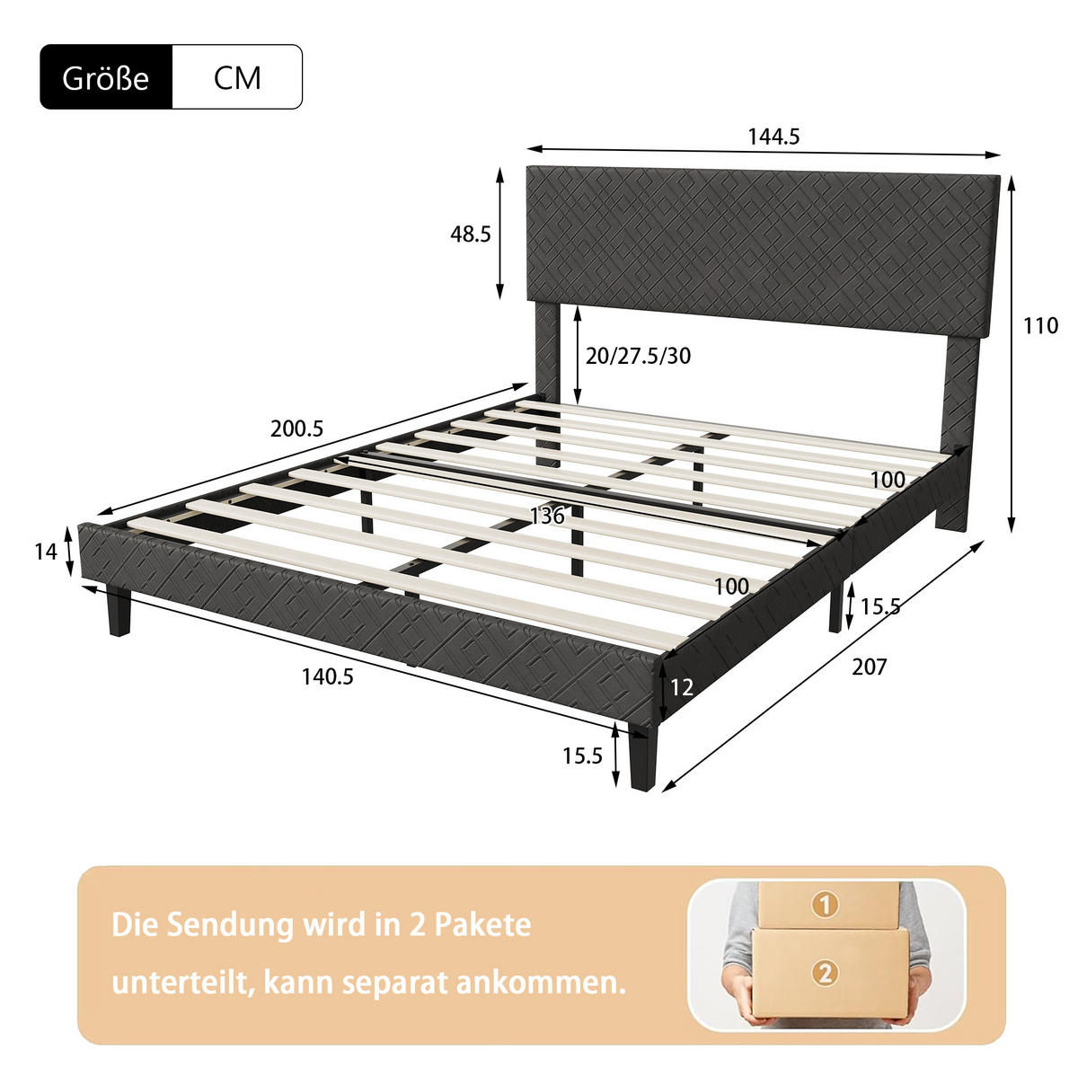 POLSTERBETT 140x200 cm Doppelbett mit Lattenrost, Stoffbett Grau - Grau, Metall (140/200cm) - EuroLiving