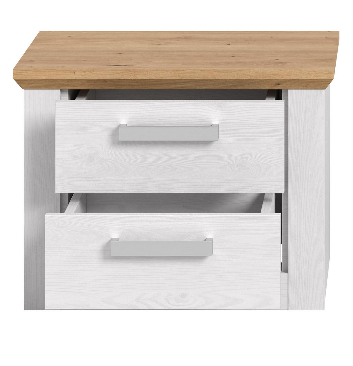 NACHTTISCH weiß Lärche, Eiche Artisan Landhaus 56 x 43 cm, Nachtkommode mit Schubkästen - Eichefarben/Silberfarben, Holzwerkstoff/Kunststoff (56/43/39cm) - Inn.Furn