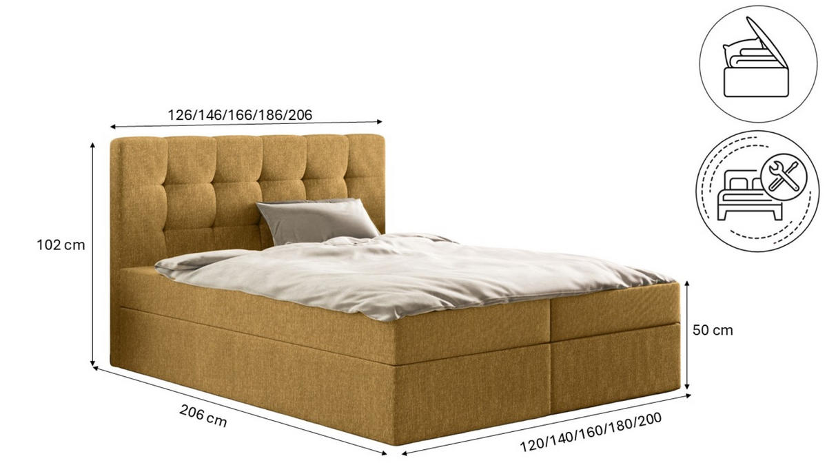 BOXBETT Mit Matratze Und Bettkasten, LUDANO Stoff Sydney Gelb 120x200 cm H2-Pocket - Gelb, Holz (120/200cm) - Kaiser Möbel