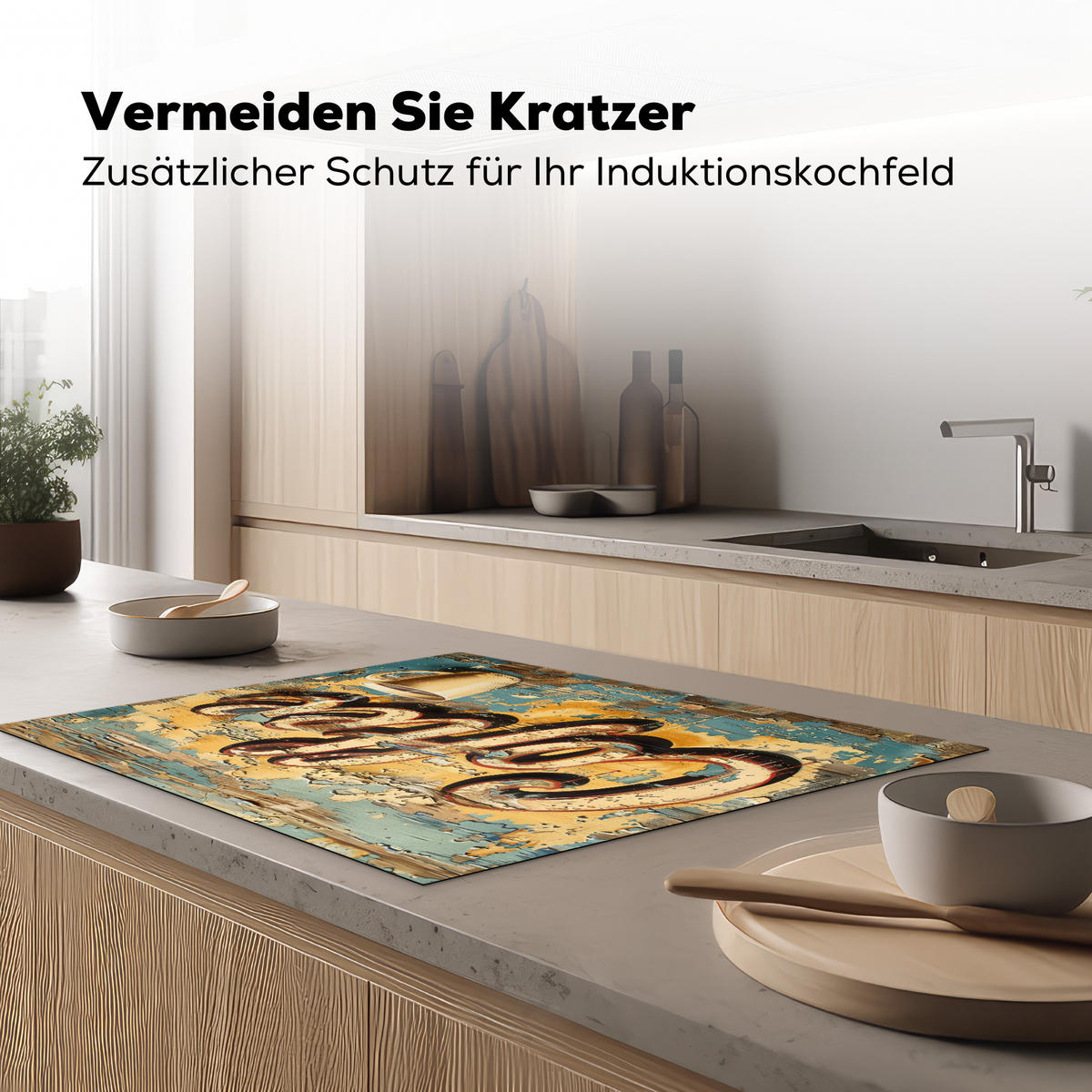 HERDABDECKPLATTE Kaffee - Vintage - Braun - Tasse Induktionsmatte 77x59 cm - Teakfarben, Kunststoff (77/59/0.2cm) - MuchoWow