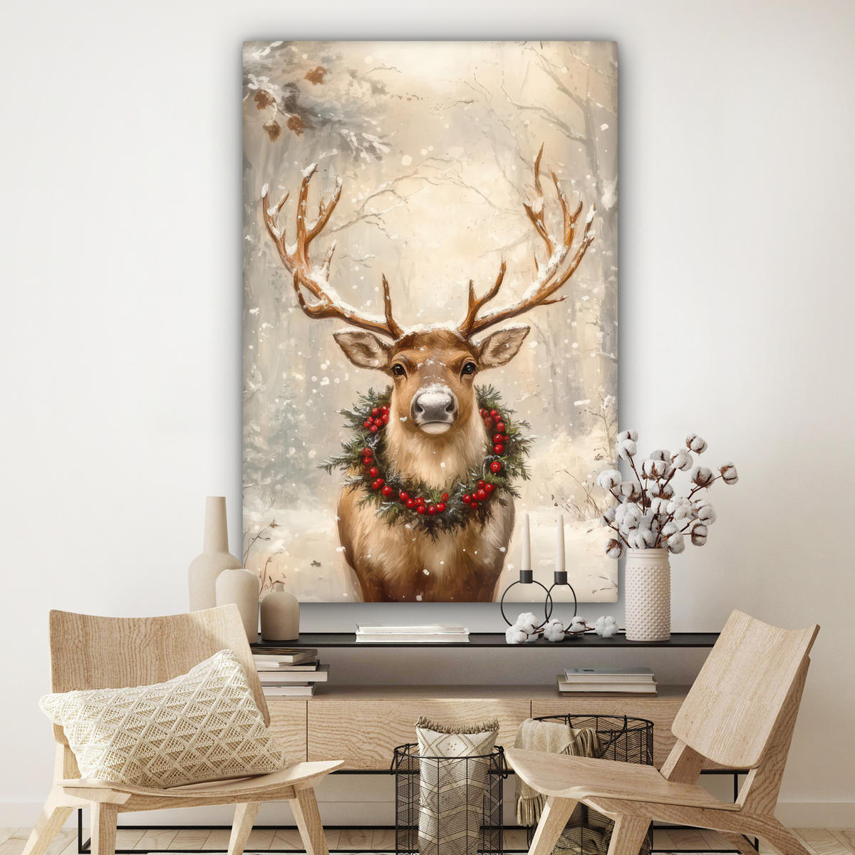 OBRAZ NA PLÁTNĚ Vánoce - sobi - zima - věnec 90x140 cm - přírodní, textil (90/140cm) - MuchoWow