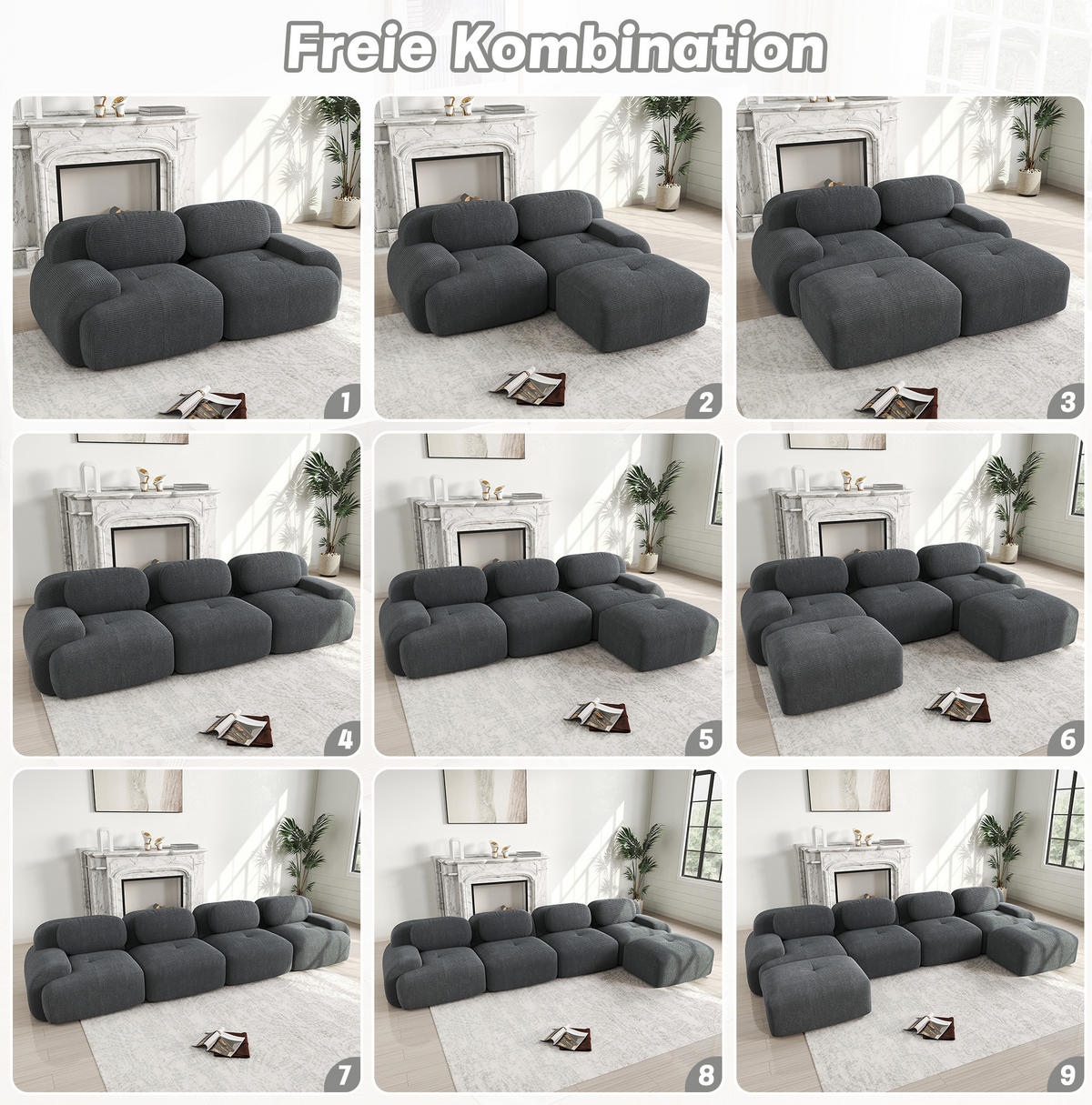 ECKSOFA modular, montagefrei, ergonomisch und rahmenlos mit Cordbezug, Grau - Grau, Textil (298/178cm) - Redom