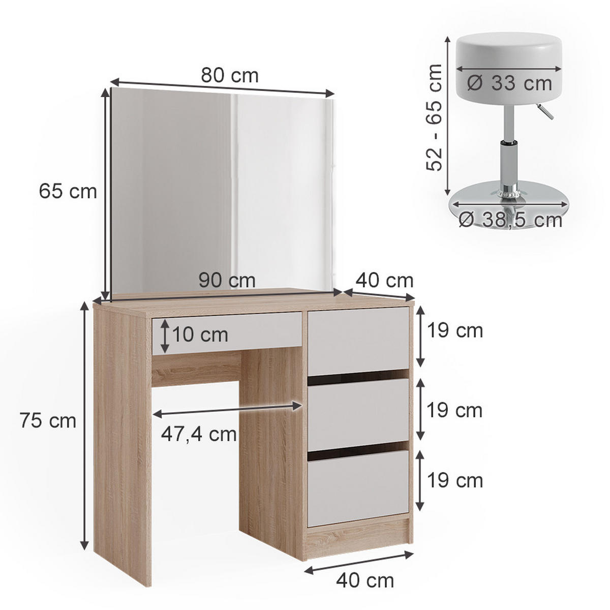 SCHMINKTISCH-SET Sherry Sonoma 90 cm mit Hocker - Weiß/Sonoma Eiche, Holzwerkstoff (90/75/40cm) - Vicco