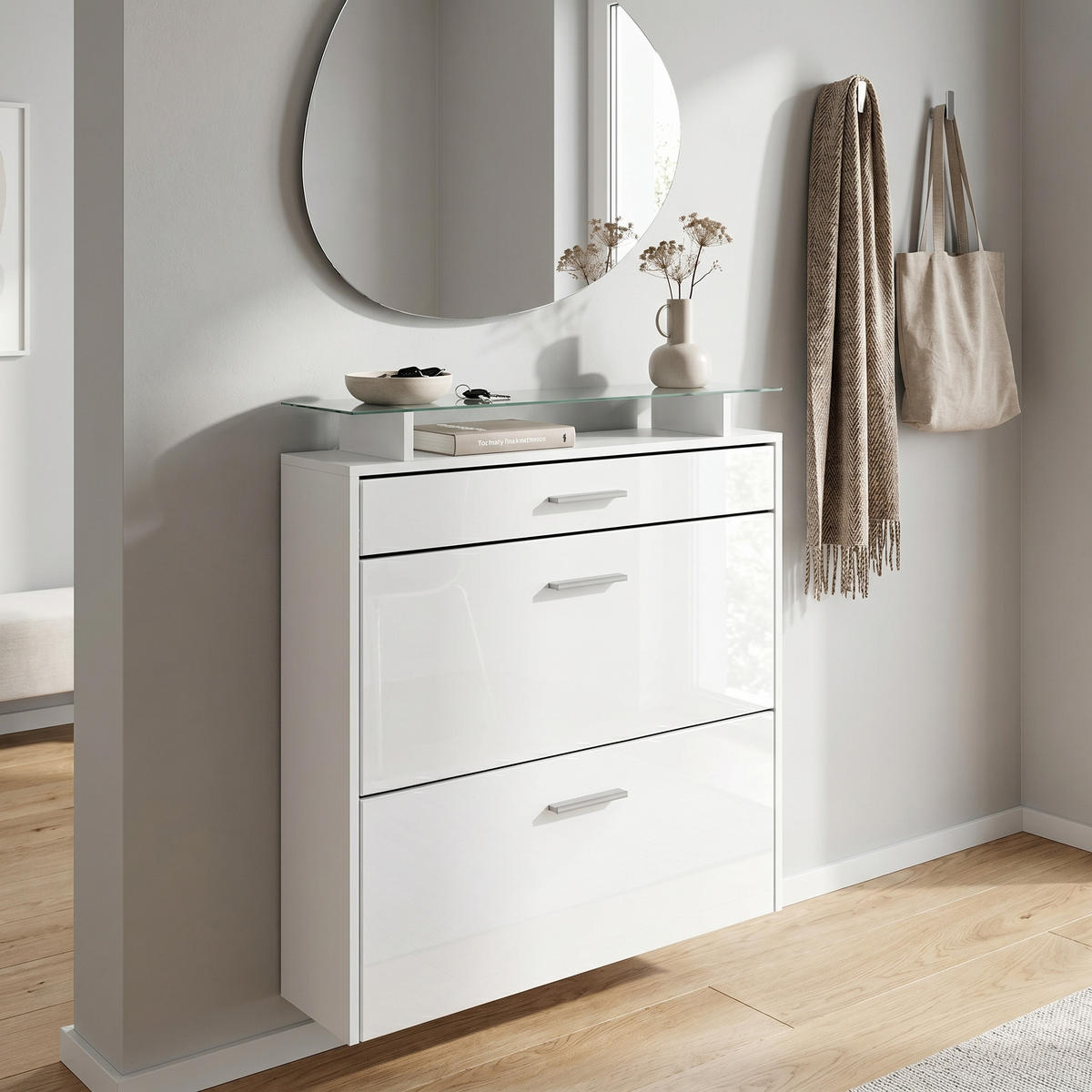 SCHUHSCHRANK Malea Front in Weiß Hochglanz - Weiß Hochglanz, Holzwerkstoff (89/96/23cm) - Vladon
