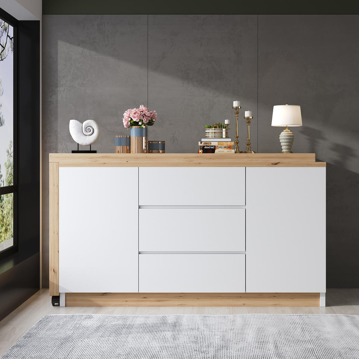 SCHREIBTISCH Rollen drehbar 4cm Tischplatte Weiß Eiche multifunktional - Weiß, Holzwerkstoff (120/50/76.5cm) - FLIEKS
