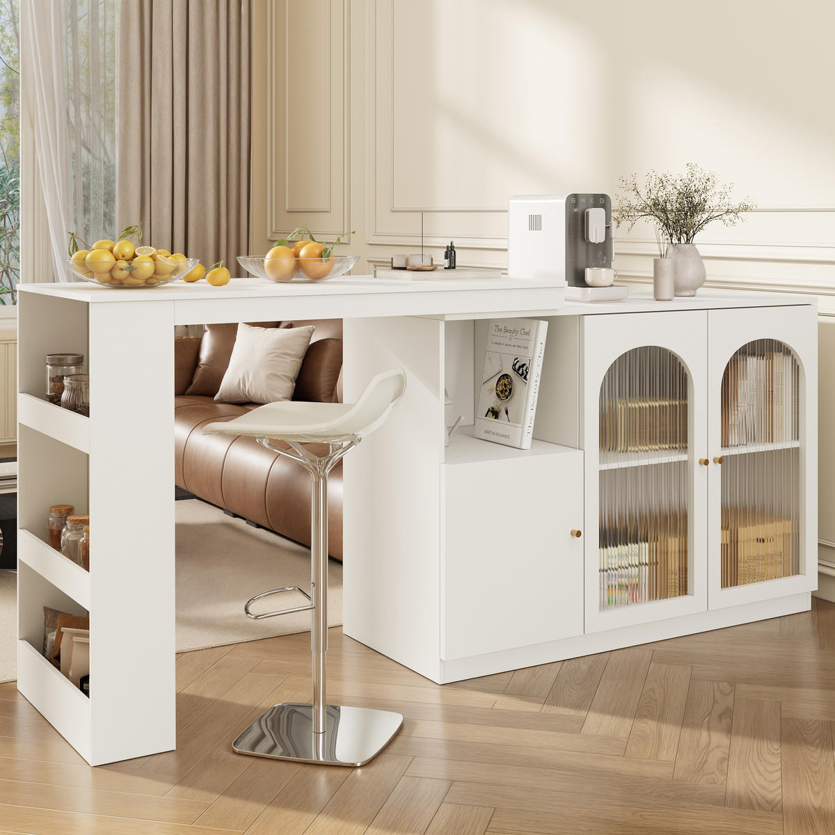 BARTISCH 360° Drehbar 120cm Barschrank Weiß Glastür - Weiß, Holzwerkstoff (40/120/97cm) - FLIEKS
