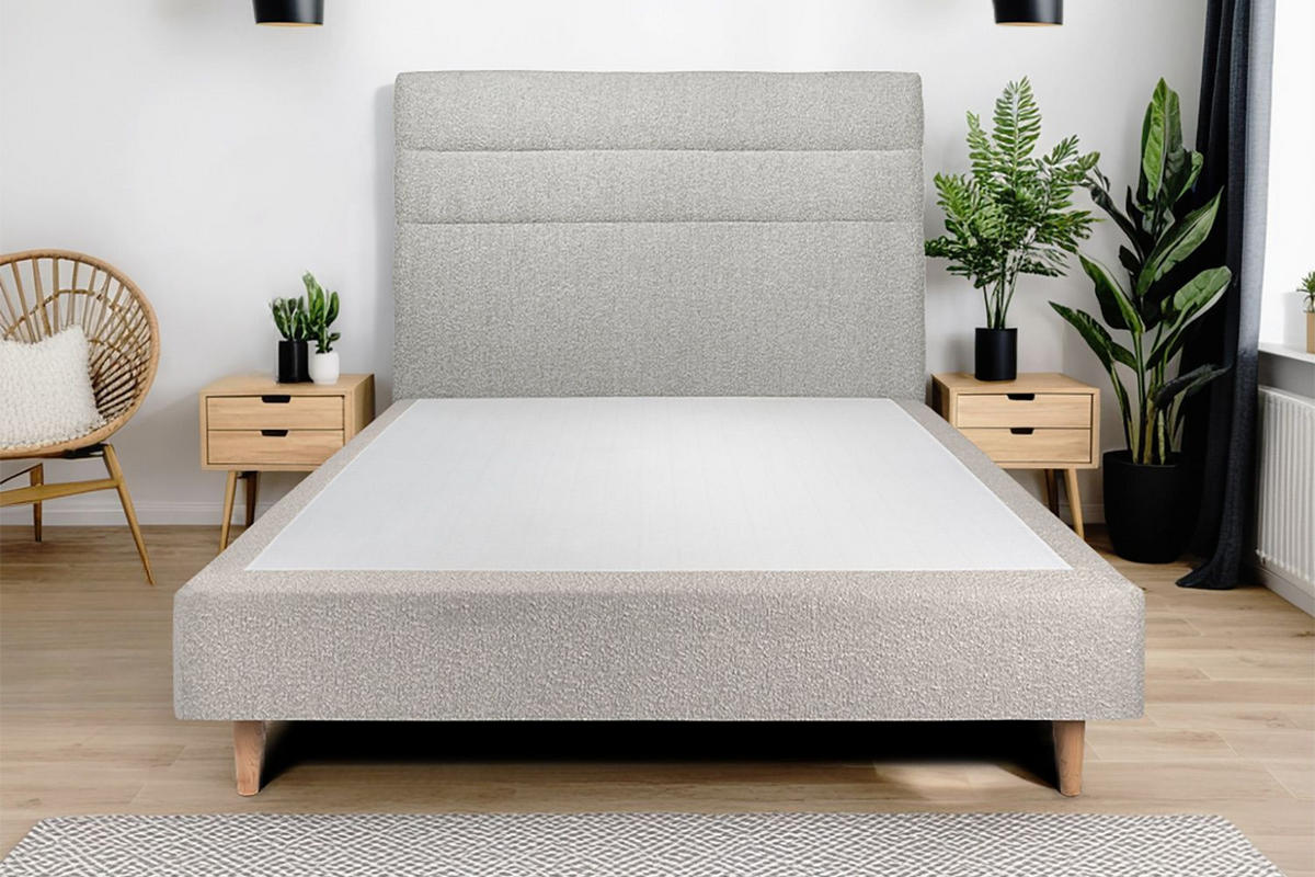 KOPFTEIL Modell Linien – Grauer Bouclé-Stoff 140 cm - Beige/Grau, Holz (140/120/10cm) - Sommeil de Plomb