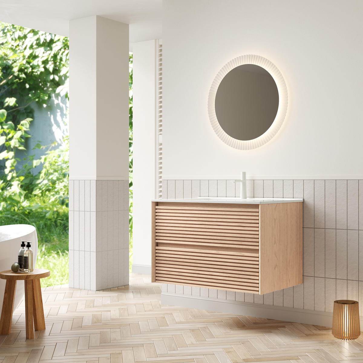 WASCHTISCHKOMBI 81x46.5x51.5cm Natur/Weiß mit Keramikbecken & 2 Soft-Close-Schubladen - Naturfarben, Keramik (81/51.5/46.5cm) - Modfu