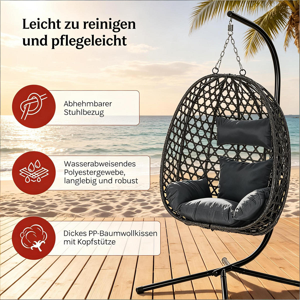 HÄNGESESSEL PE-Rattan höhenverstellbar, DE-42142, Dunkelgrau - Dunkelgrau, Metall (105/195/105cm) - ComfortXL