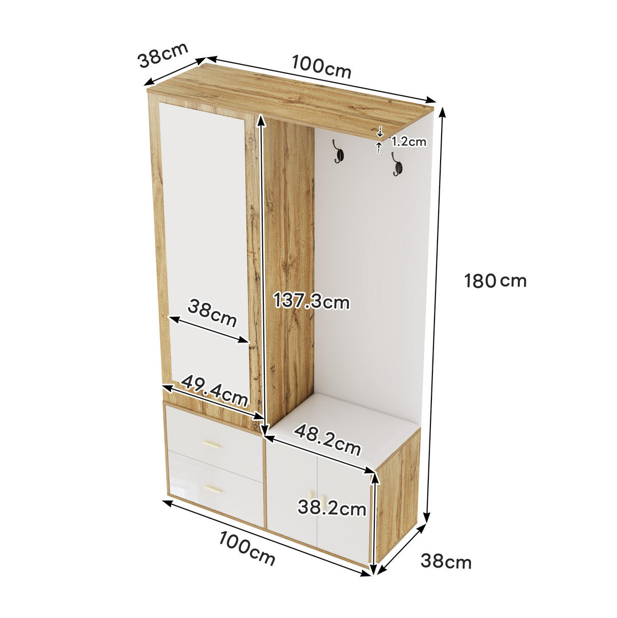 GARDEROBENSET 100/38/180 cm mit Spiegel, Schuhbank und ausziehbarer Kleiderstange, Weiß/Natur - Weiß, Holzwerkstoff (100/180/38cm) - Redom