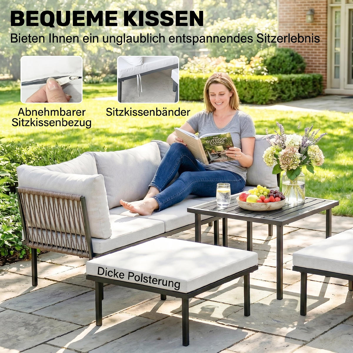 GARTENLOUNGE-SET 6er Set Metall Polyester Hellgrau - Hellgrau/Schwarz, Textil/Metall - Outsunny