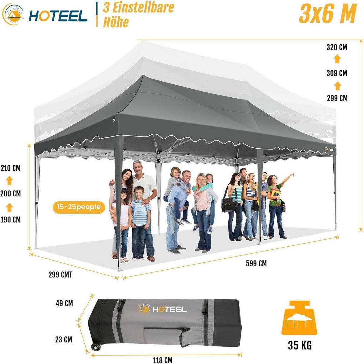FALTPAVILLON 3x6m Grau Wasserdicht UV Schutz 50+ mit 6 Seitenwänden - Grau, Textil (300/320/600cm)