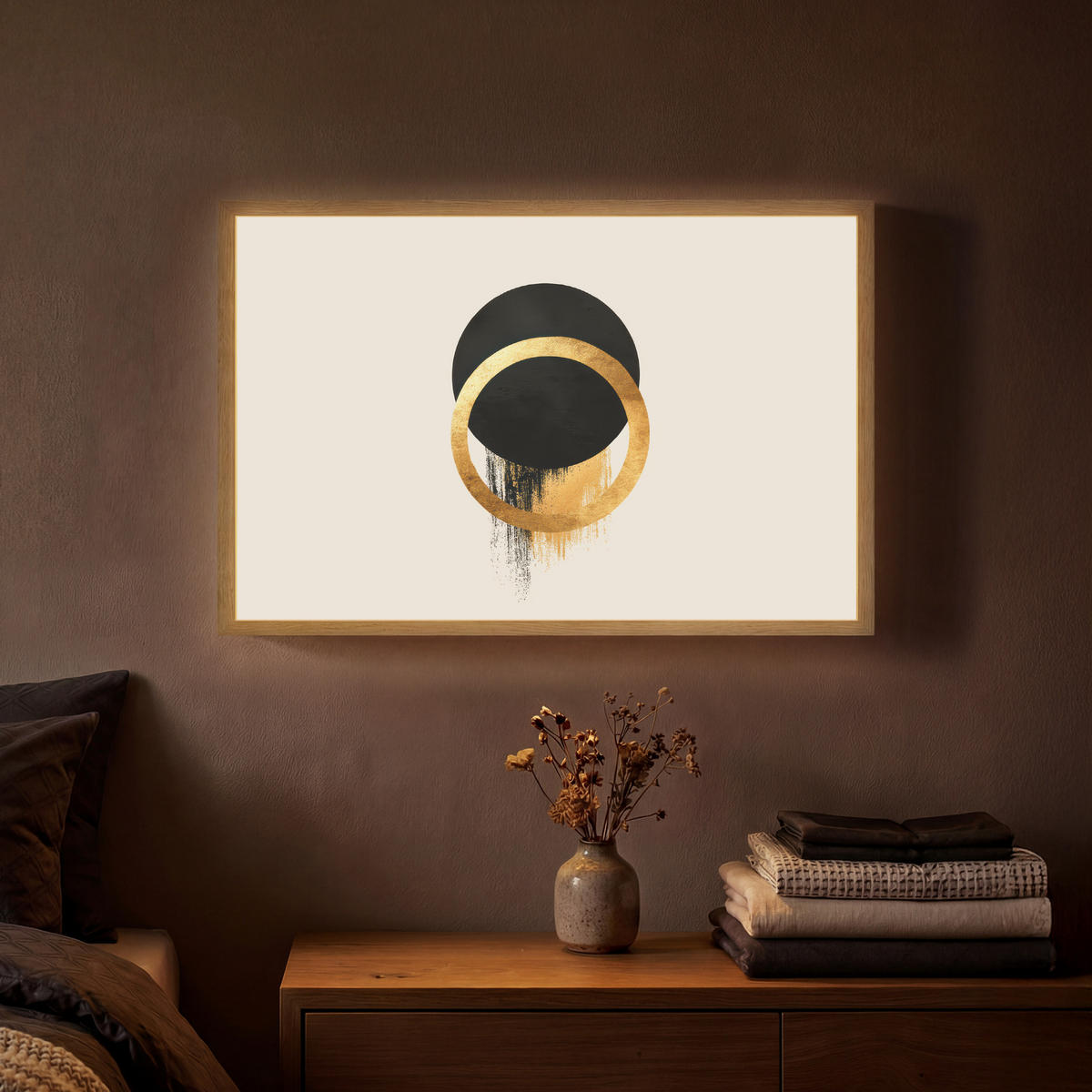 NÁSTĚNNÁ LAMPA S AKUMULÁTOREM Abstraktní design - Černý kruh - Skvrny od barvy 60x40 cm - krémová, kompozitní dřevo (60/40/8cm) - OnlyWow