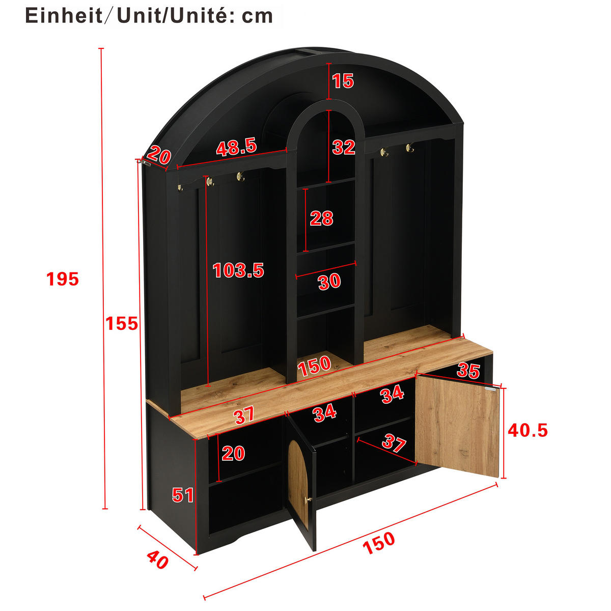 GARDEROBE-SET in Schwarz Kleiderschrank mit Schuhregal, Ablagen und Haken für Flur und Eingangsbereich, B150/T40/H195 cm - Schwarz, Holzwerkstoff/Metall (150/195/40cm) - STILVORA