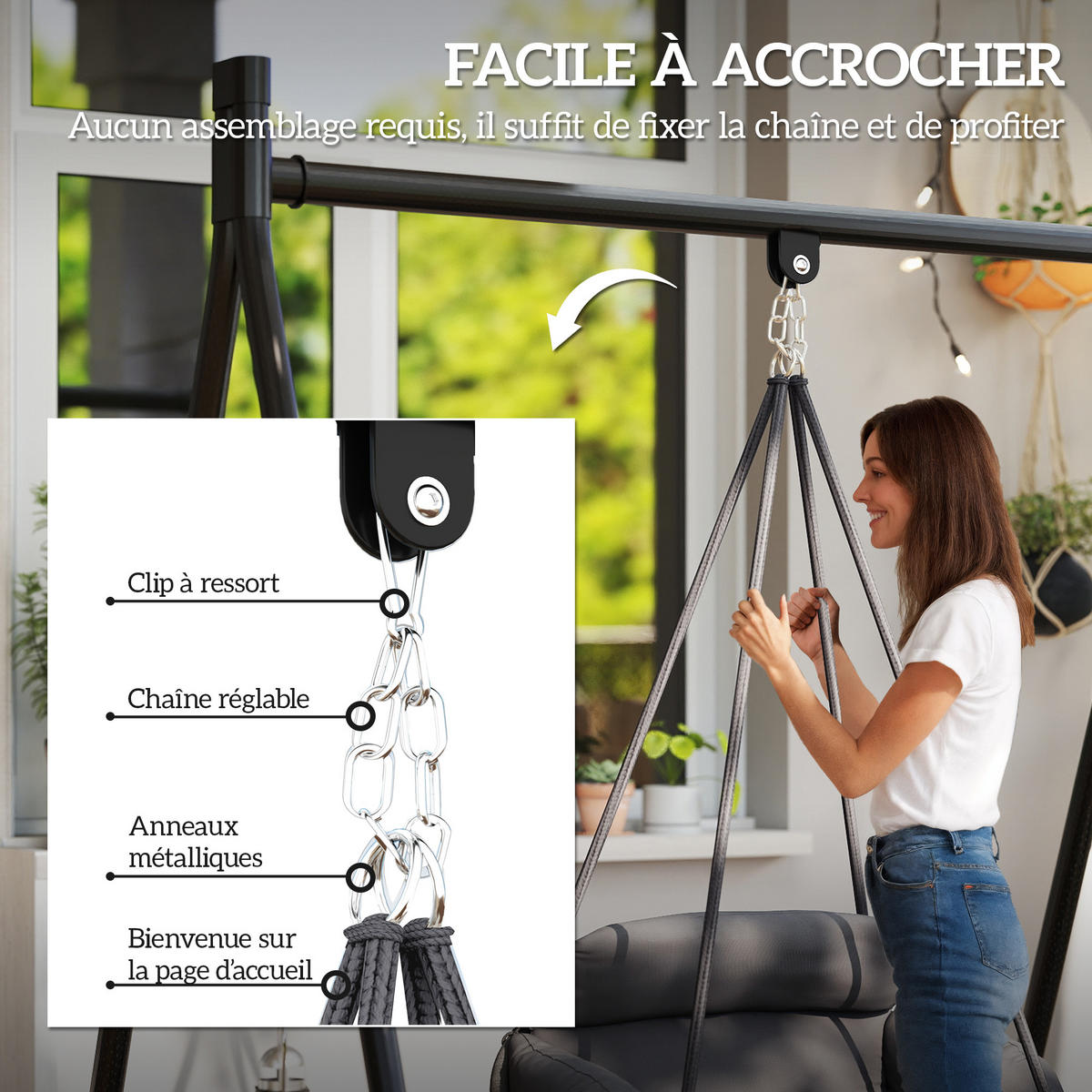 HÄNGESESSEL DE-15321 80/60/40 cm mit Polster und Fransen Dunkelgrau - Dunkelgrau, Metall (60/40/80cm) - ComfortXL