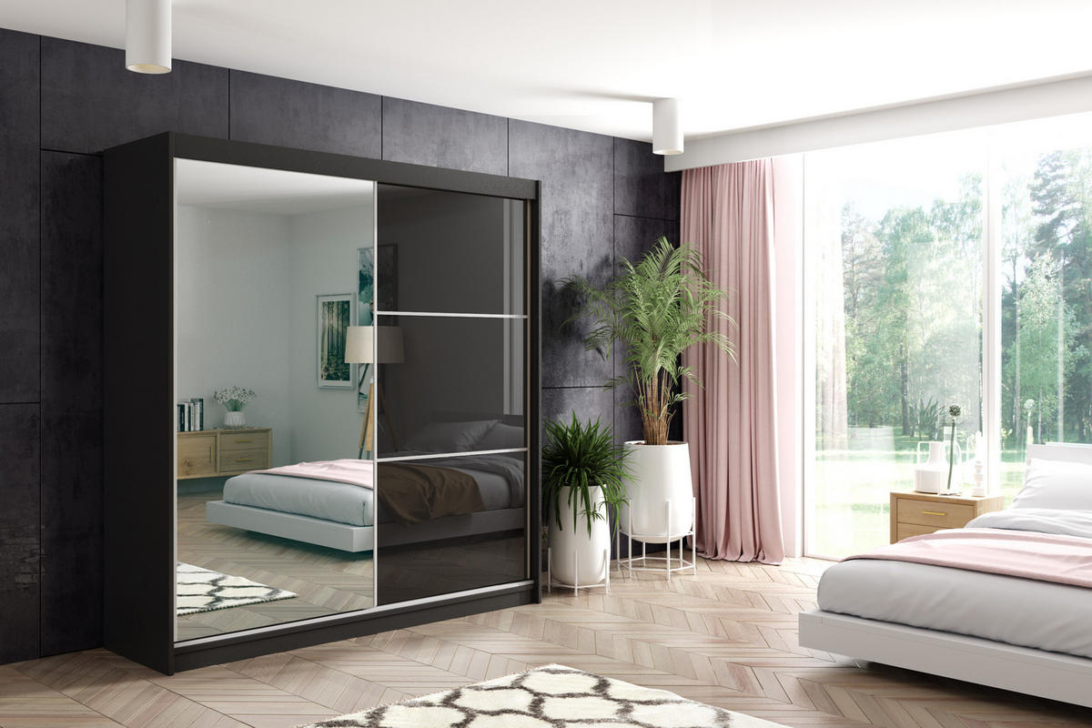 KLEIDERSCHRANK mit Spiegel-Schiebetüren und Aluminium-Leisten - VIVONA - 200 cm Schwarz - Schwarz, Holzwerkstoff (200/216/61cm) - ALTDECOR